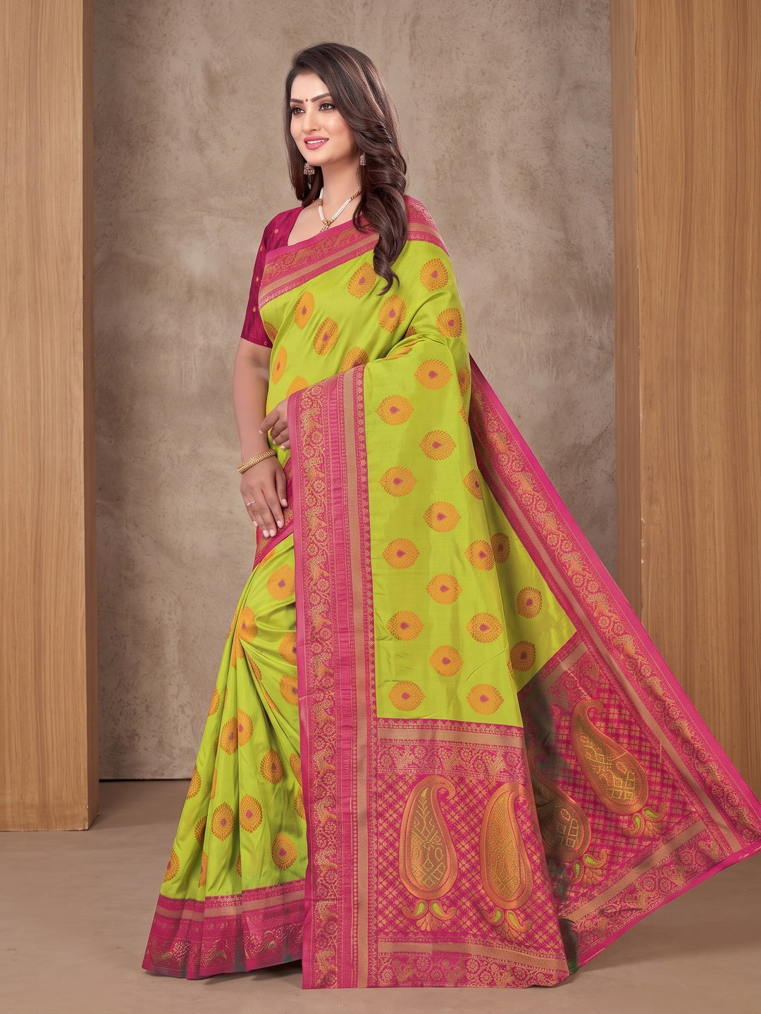 Peachmode Lime Green Classima Pure Silk Woven Saree - Image 3