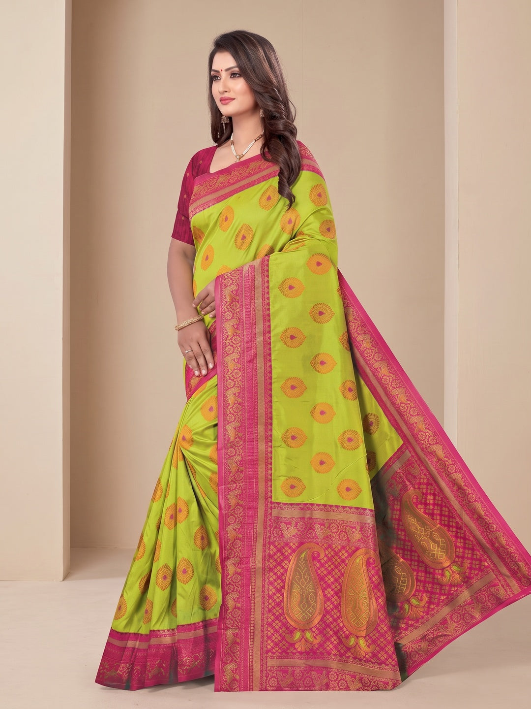 Peachmode Lime Green Classima Pure Silk Woven Saree - Image 4