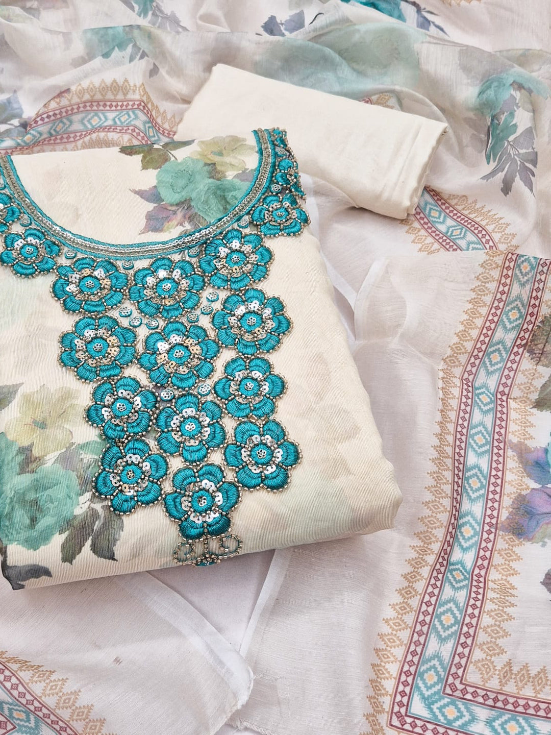 Peachmode Cream Turquoise Floral Sequins Silk Dress Material - Image 1