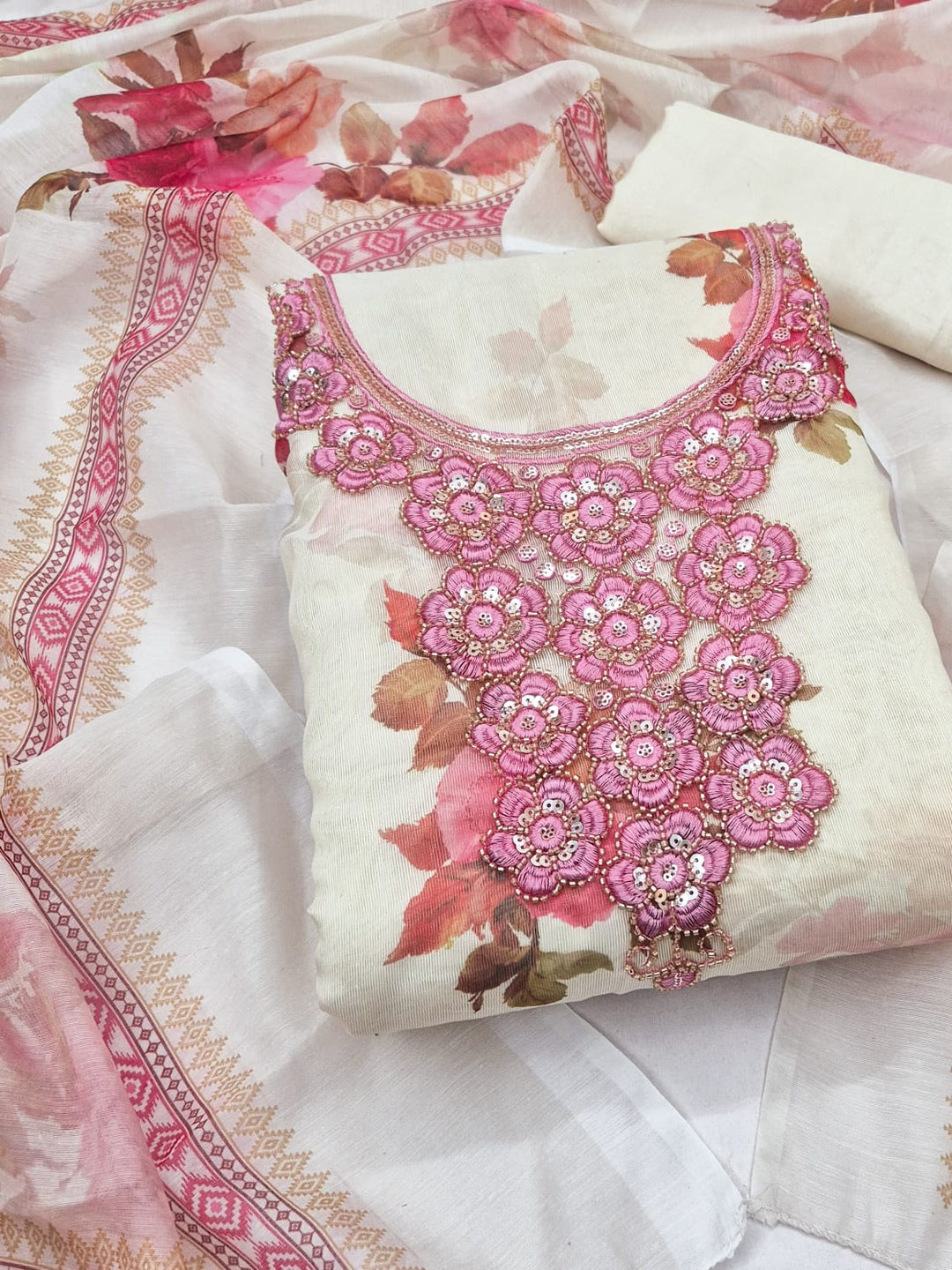 Peachmode Cream Pink Floral Sequins Silk Dress Material - Image 1