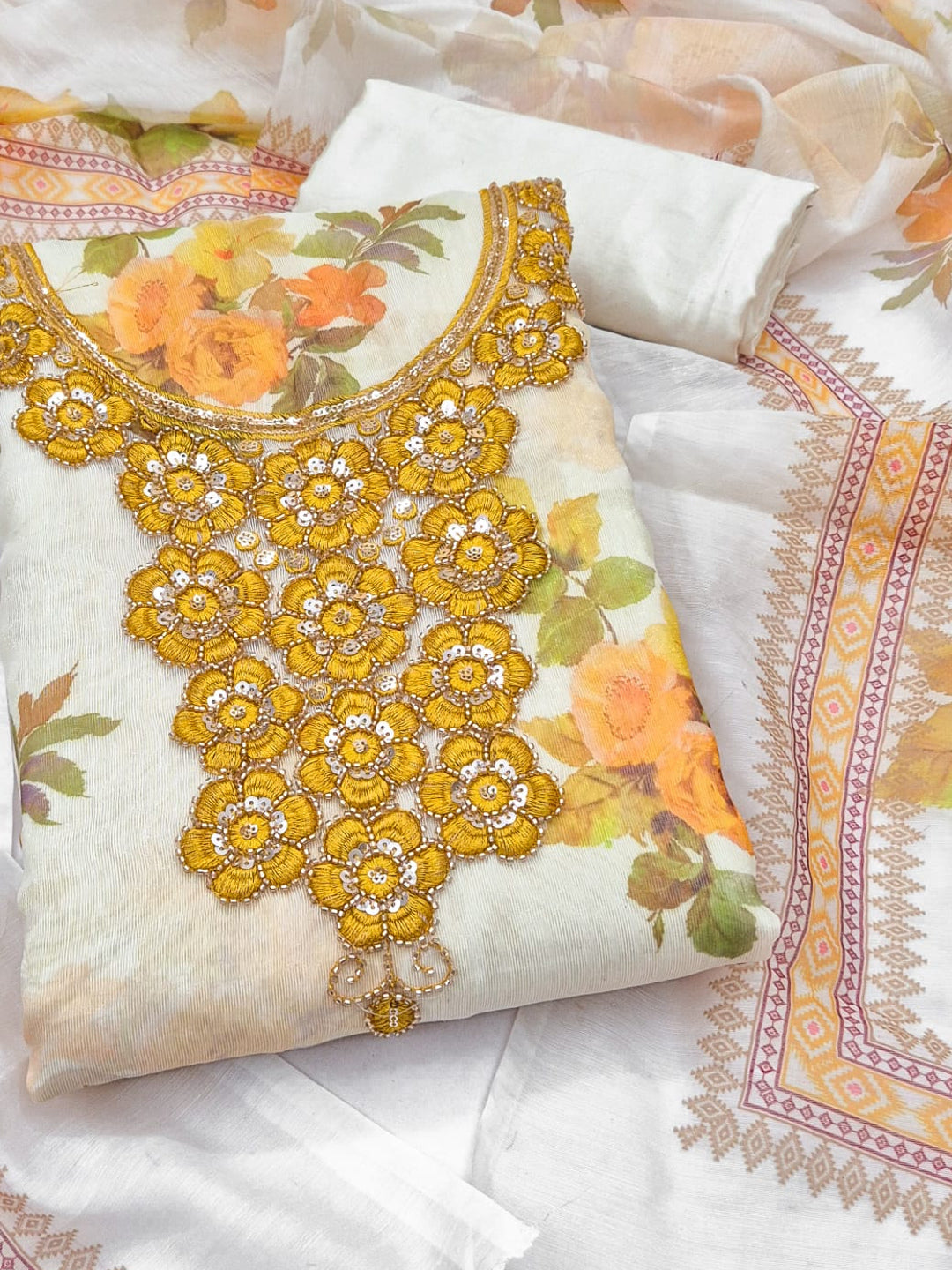 Peachmode Cream Yellow Floral Sequins Silk Dress Material - Image 1