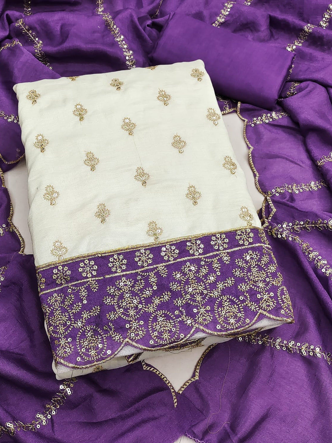Peachmode Cream and Purple Sequins Embroidered Vichitra Silk Dress Material - Image 1