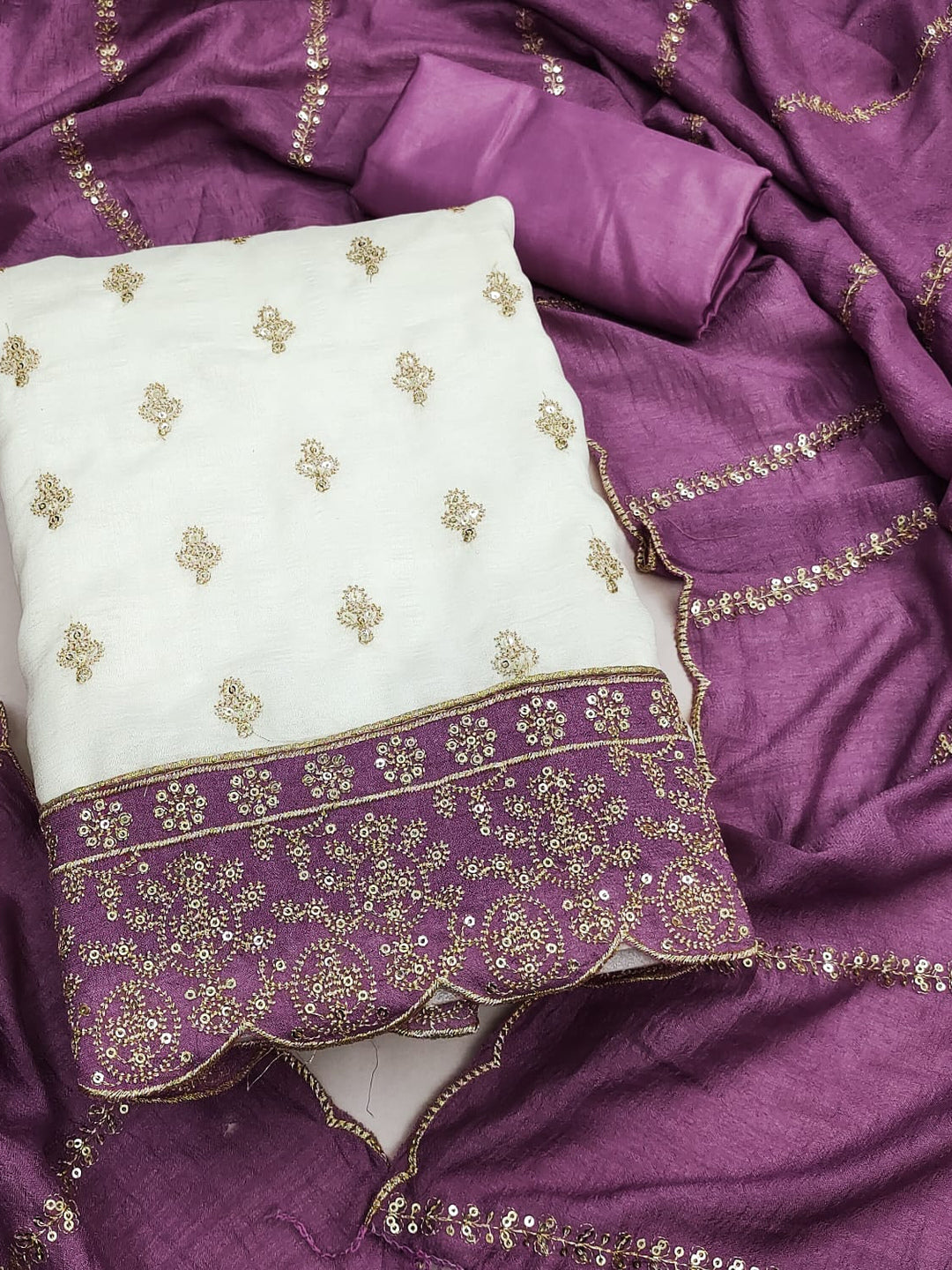 Peachmode Cream and Lavender Sequins Embroidered Vichitra Silk Dress Material - Image 1