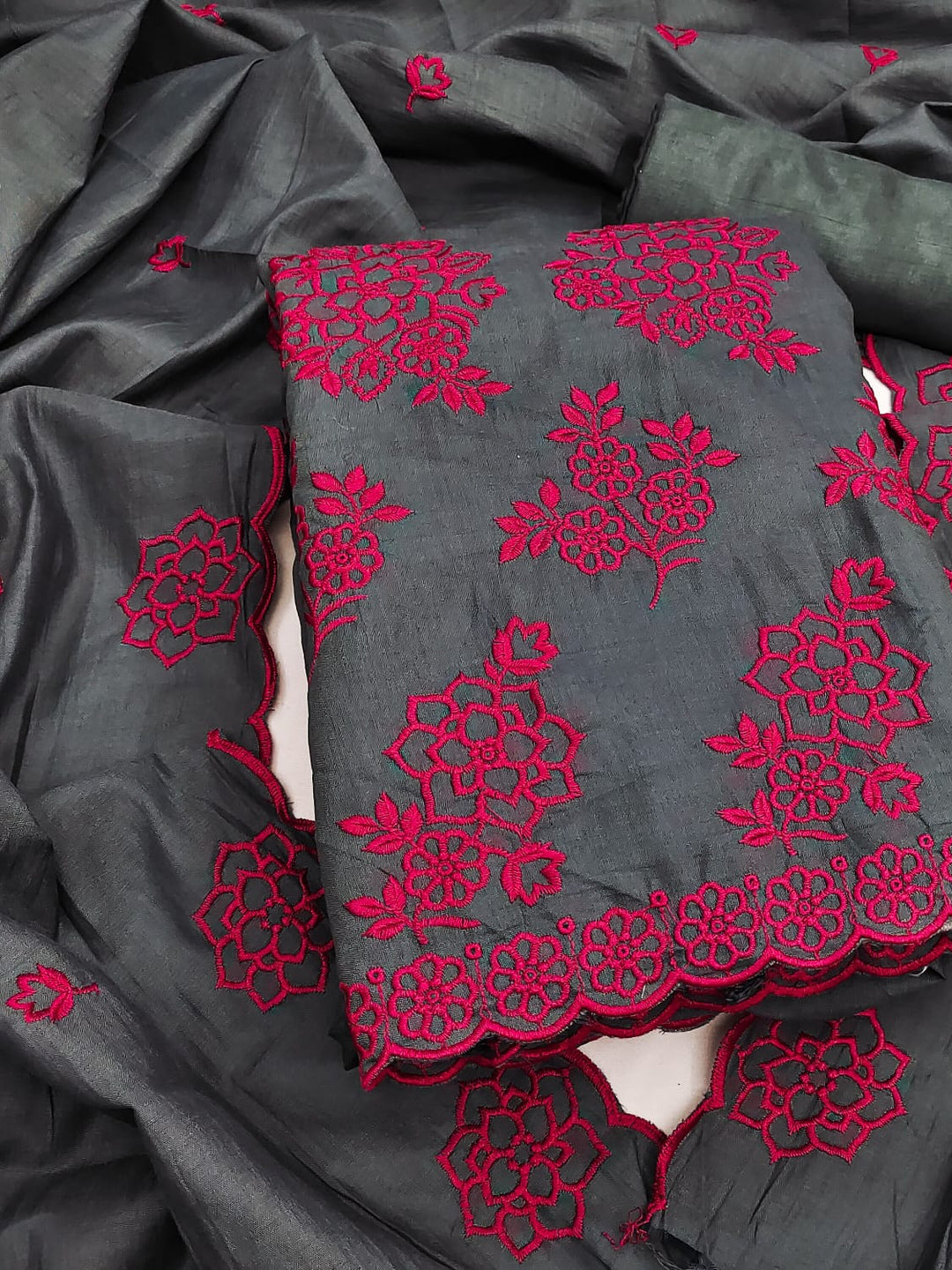 Peachmode Grey Floral Embroidered Parampara Silk Dress Material - Image 1