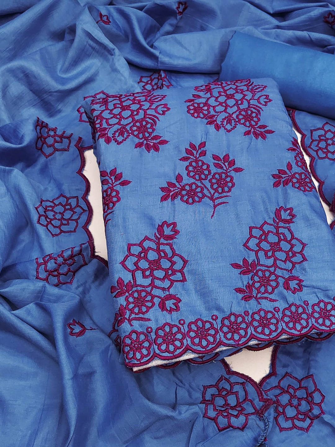 Peachmode Blue Floral Embroidered Parampara Silk Dress Material - Image 1