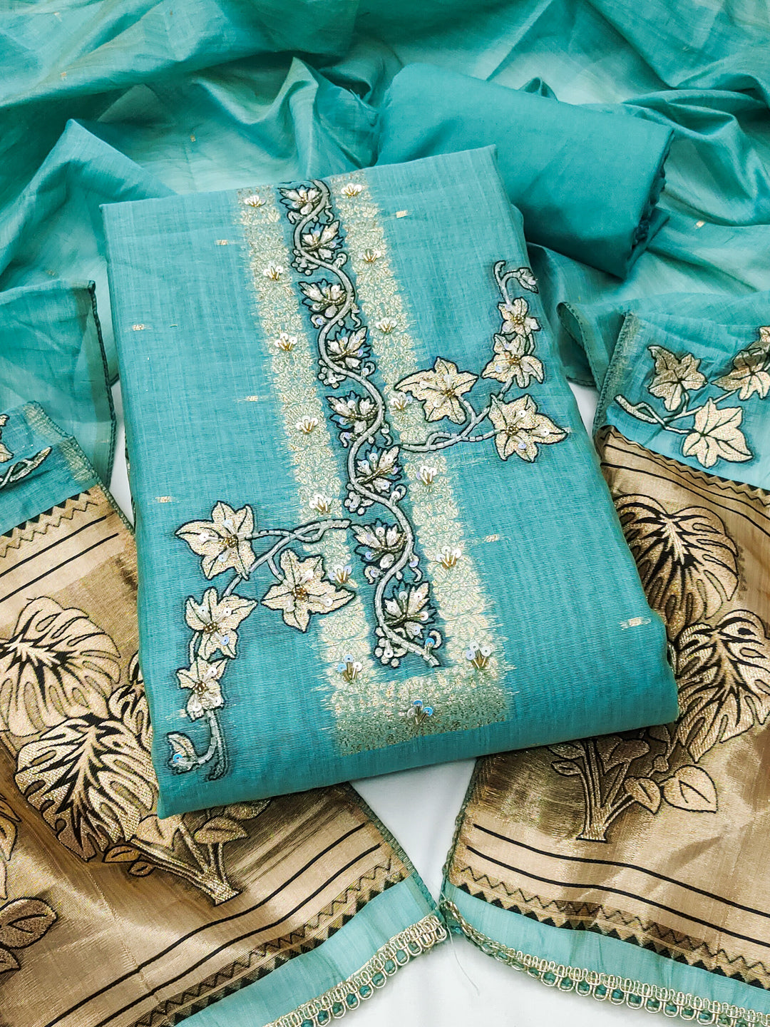 Peachmode Turquoise Unstitched Dress Material - Image 1