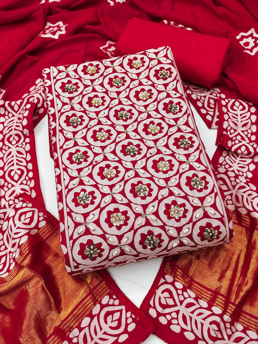 Peachmode Red Unstitched Dress Material - Image 1