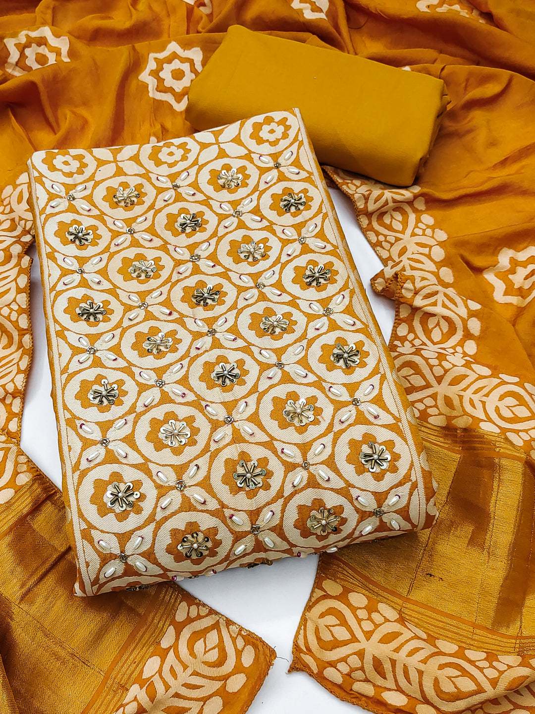 Peachmode Mustard Unstitched Dress Material - Image 1