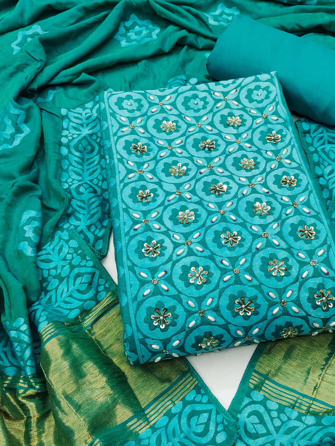 Peachmode Turquoise Unstitched Dress Material - Image 1