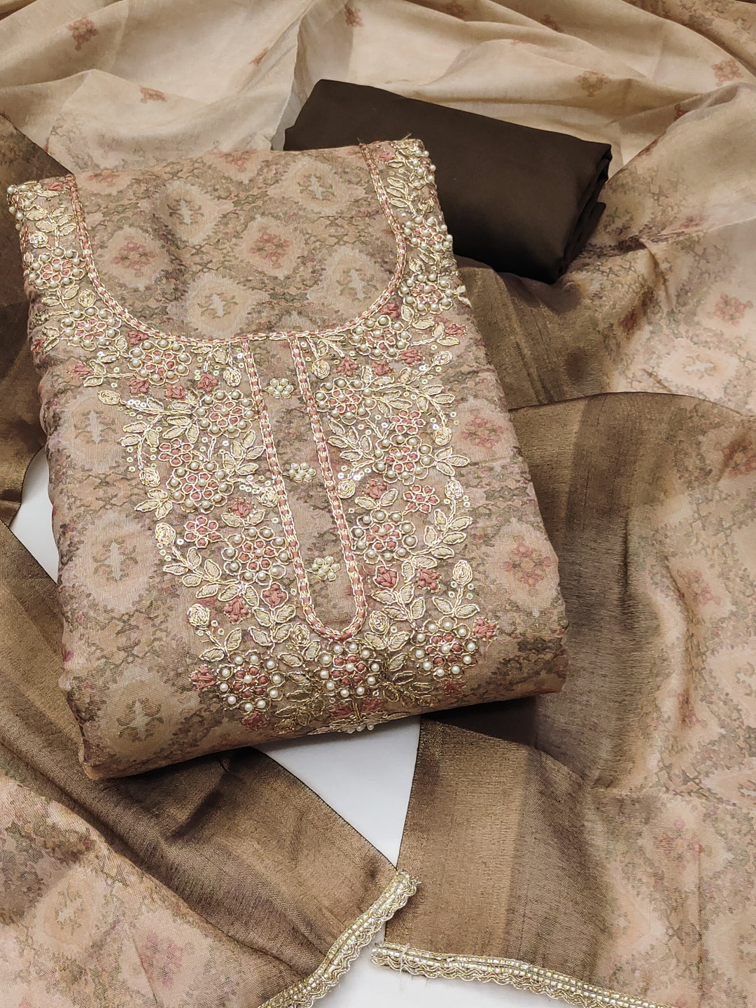 Peachmode Brown Unstitched Dress Material - Image 1