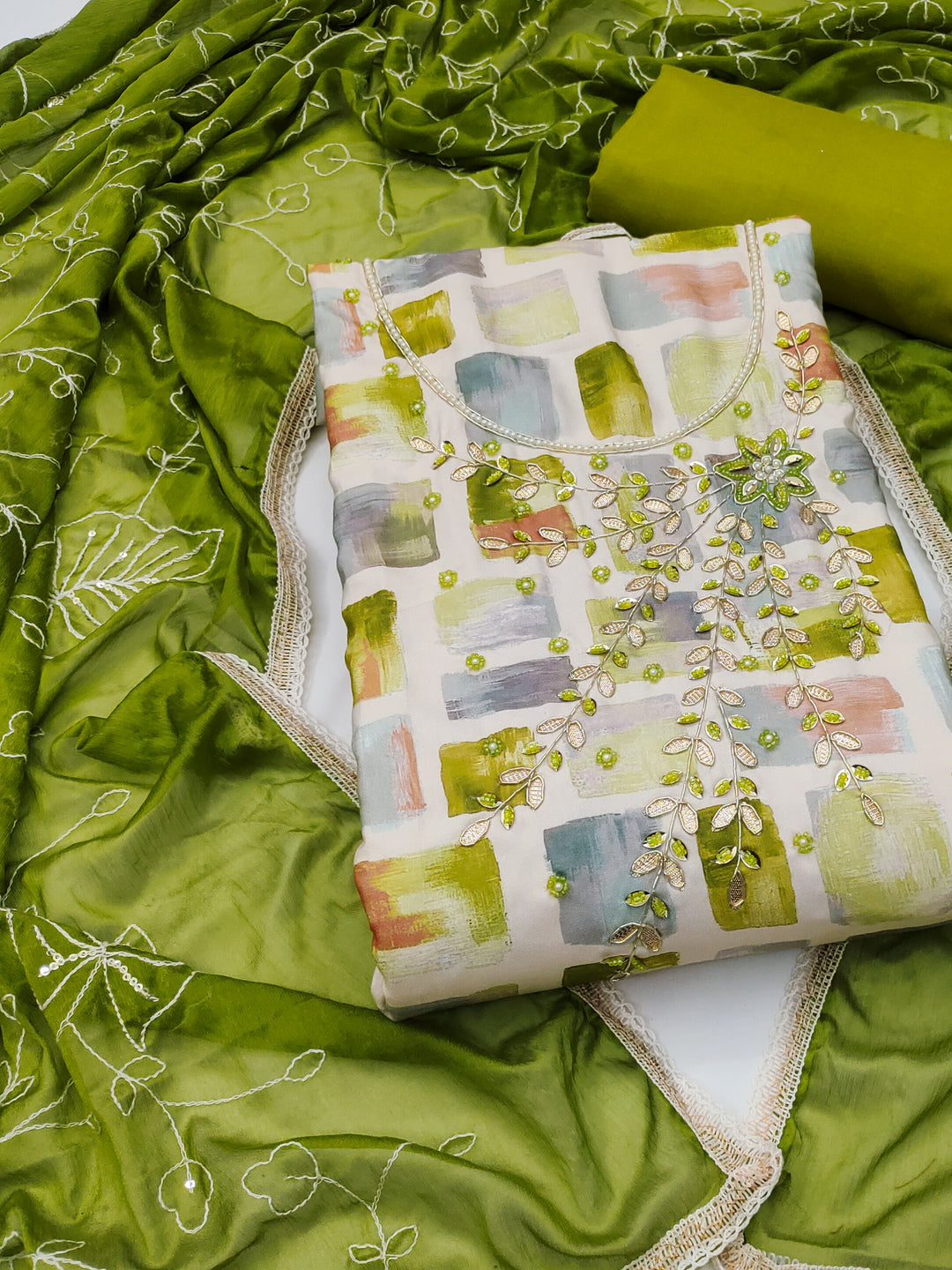 Peachmode Green Unstitched Dress Material - Image 1