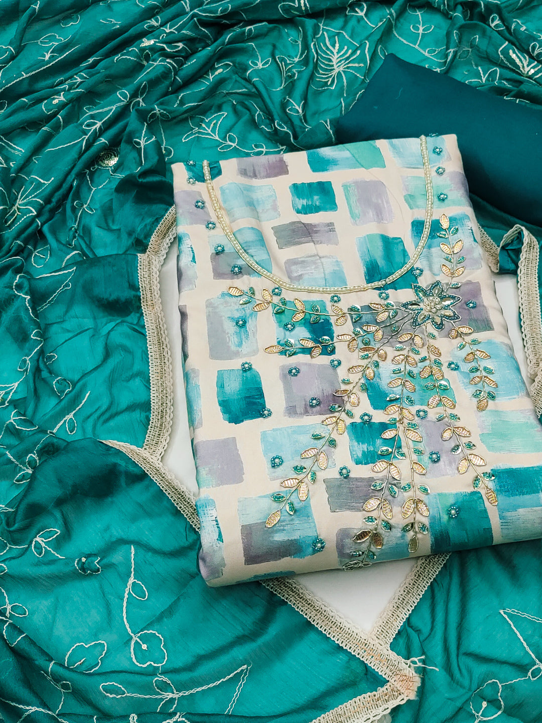 Peachmode Turquoise Unstitched Dress Material - Image 1