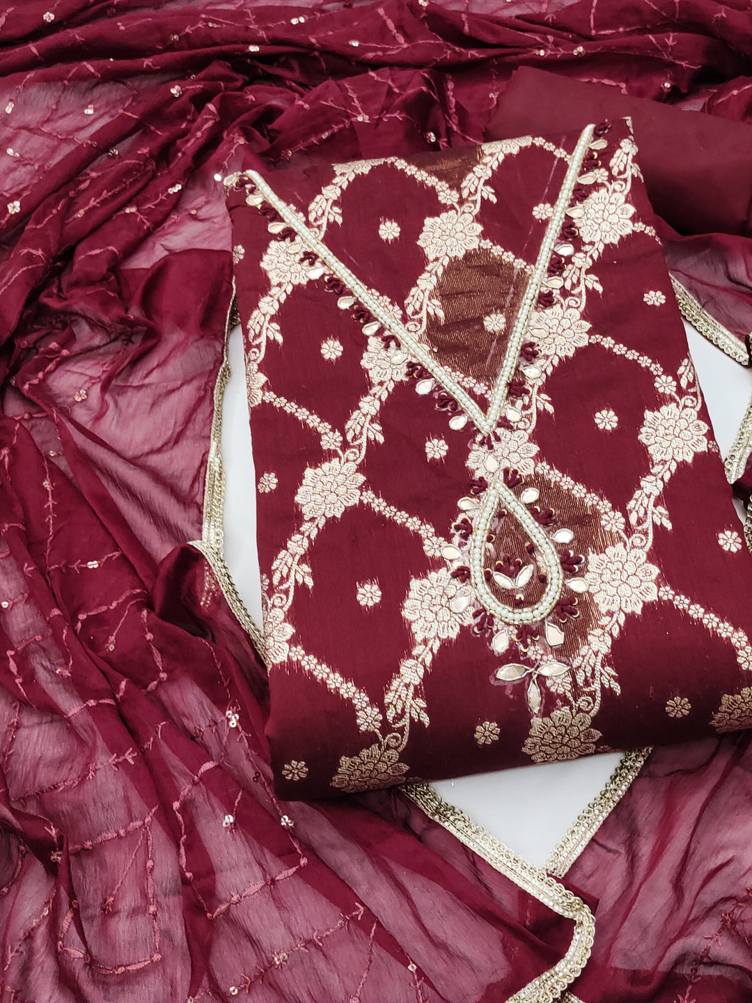 Peachmode Maroon Unstitched Dress Material - Image 1