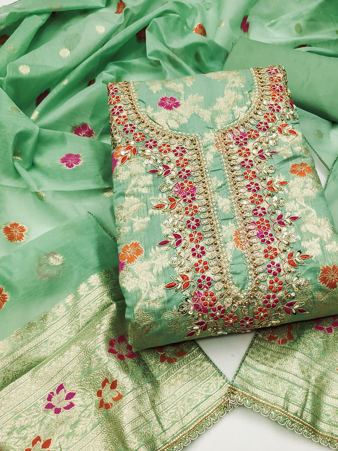 Peachmode Green Unstitched Dress Material - Image 1