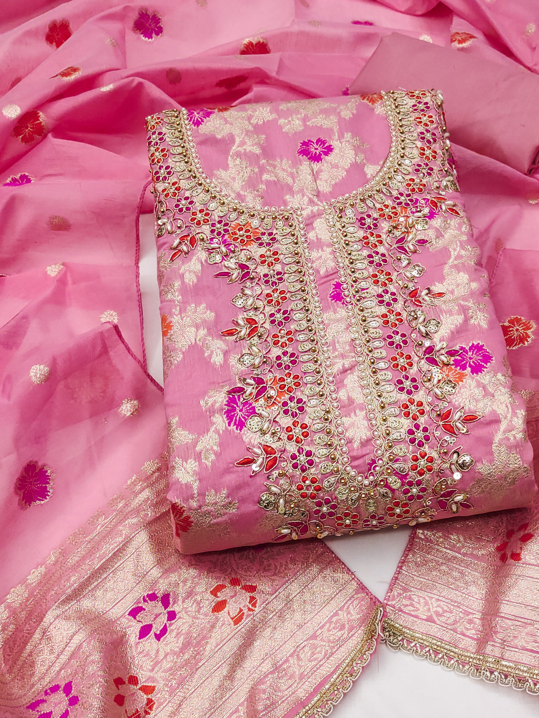 Peachmode Pink Unstitched Dress Material - Image 1
