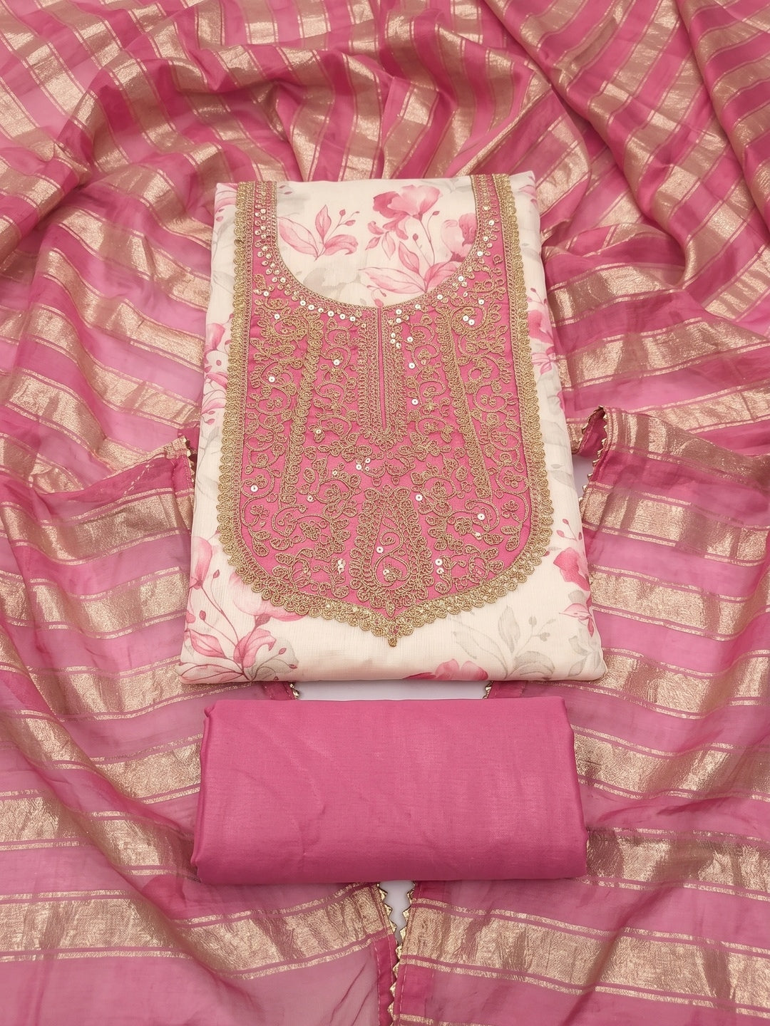 Peachmode Cream Pink Floral Sequins Simmer Silk Dress Material - Image 1