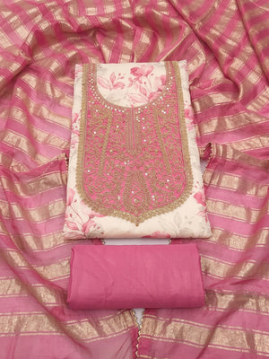Peachmode Cream Pink Floral Sequins Simmer Silk Dress Material - Image 1