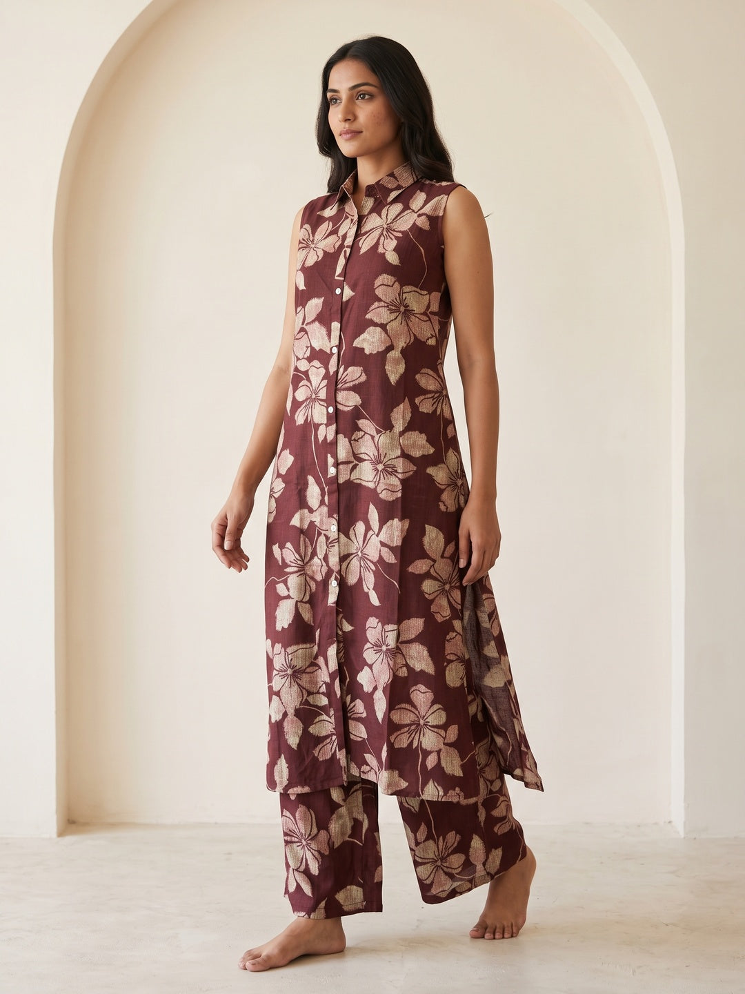 Peachmode Maroon Viscose Blend Hibiscus Printed Co-ord Set - Image 1
