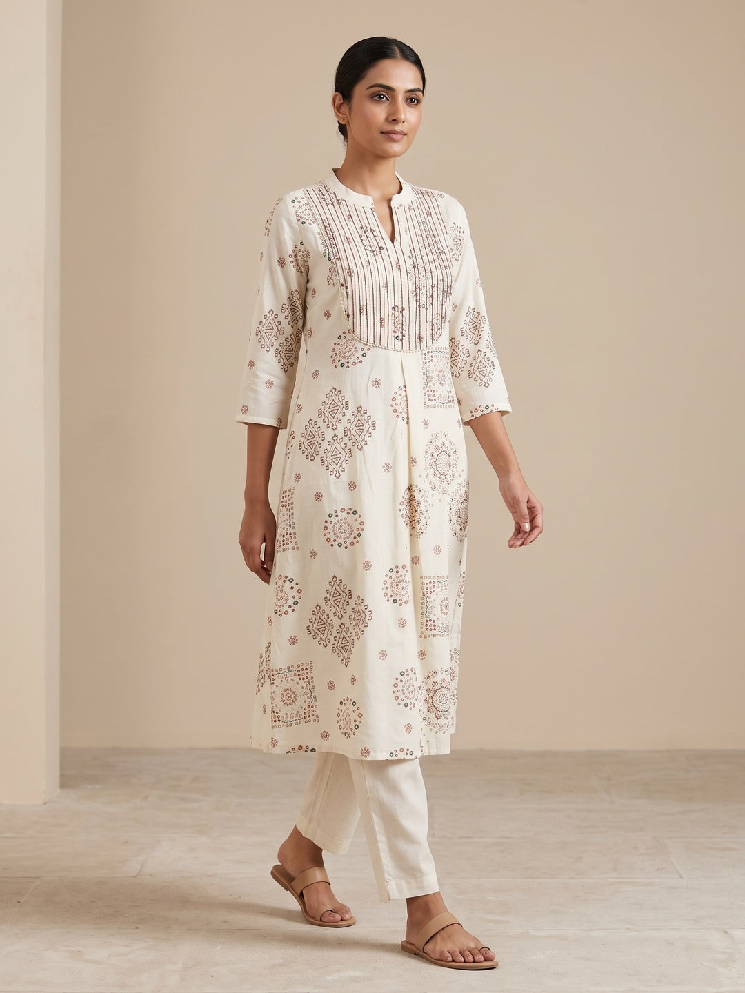 Peachmode Offwhite Viscose Blend Ethnic Printed Top Bottom Set - Image 1