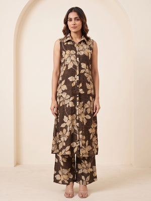 Peachmode Brown Viscose Blend Hibiscus Printed Co-ord Set - Image 2