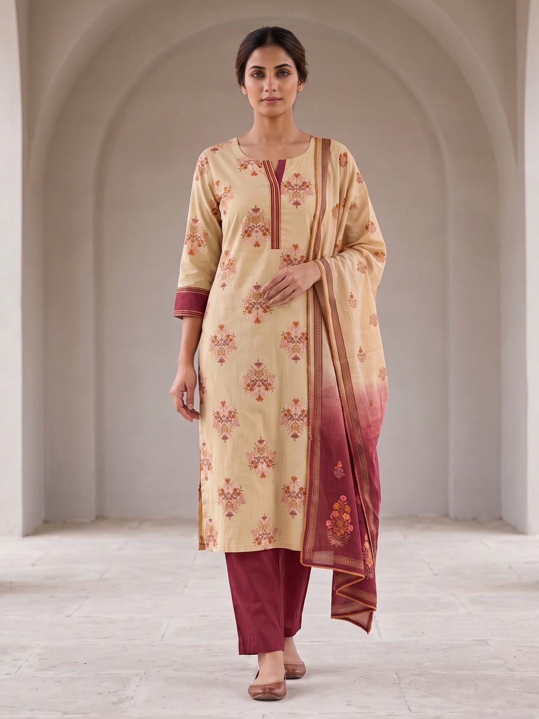 Peachmode Beige Pure Cotton Floral Printed Salwar Suit Set - Image 2