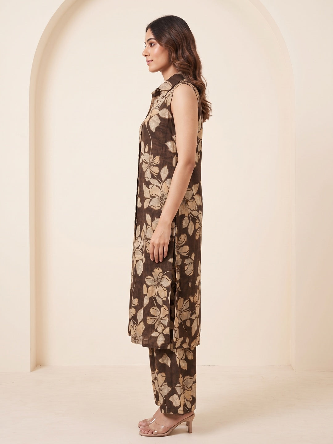 Peachmode Brown Viscose Blend Hibiscus Printed Co-ord Set - Image 3