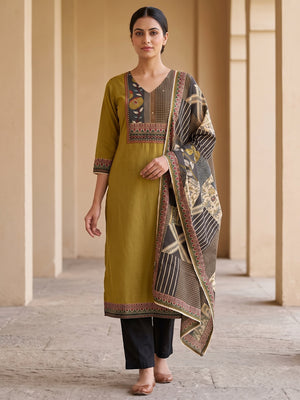 Peachmode Mustard Pure Cotton Ethnic Printed Salwar Suit Set - Image 1