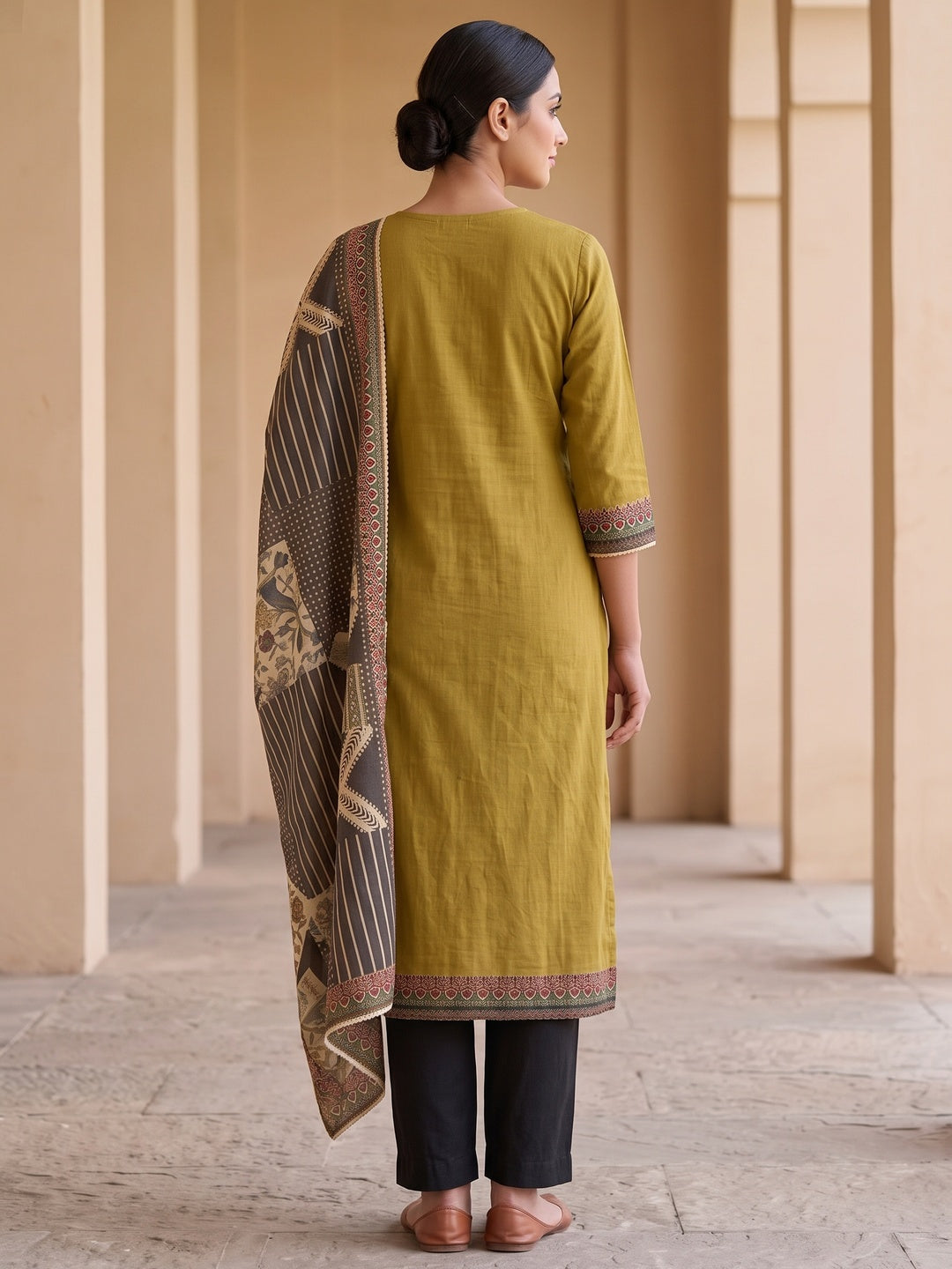 Peachmode Mustard Pure Cotton Ethnic Printed Salwar Suit Set - Image 4