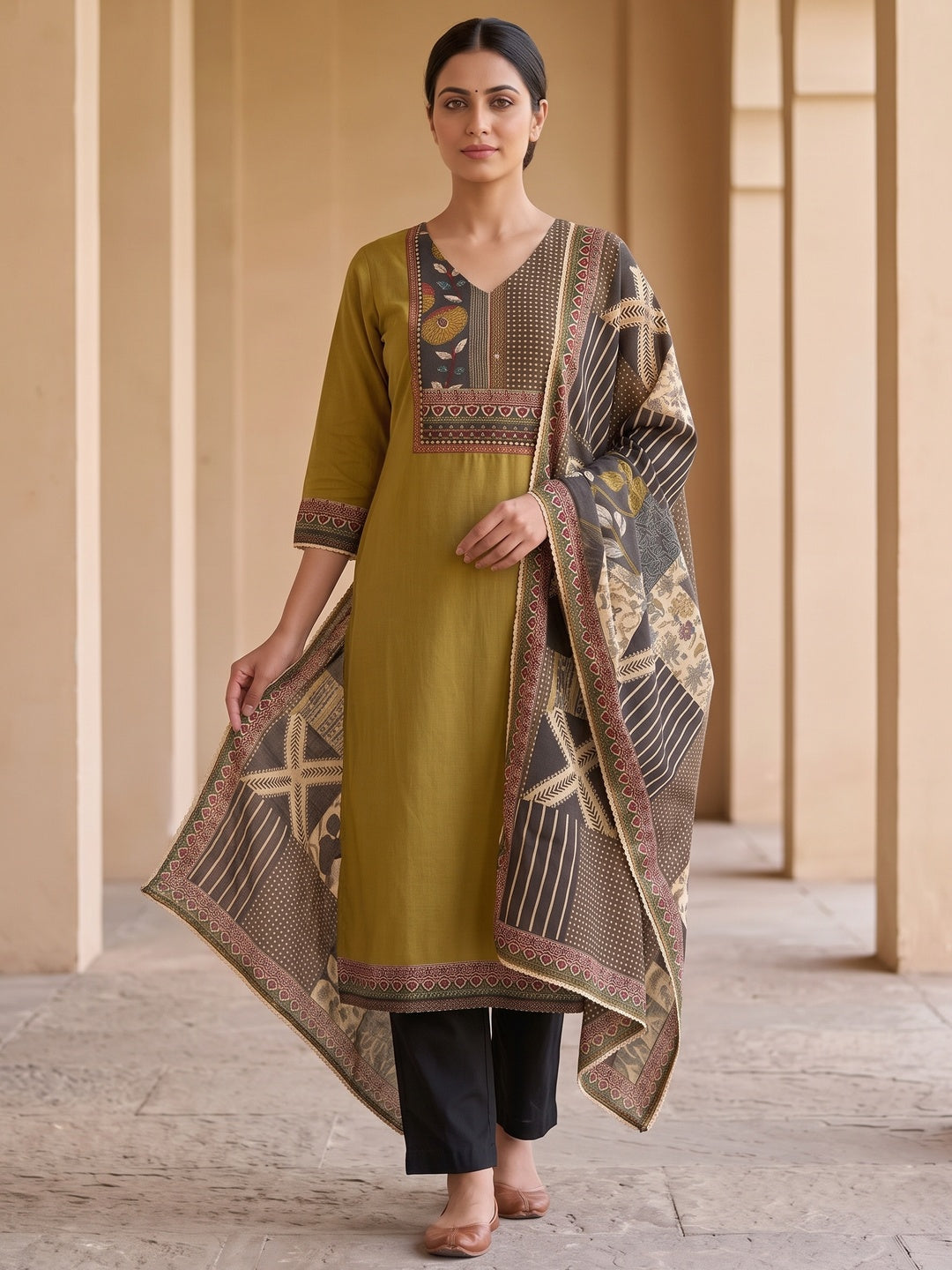 Peachmode Mustard Pure Cotton Ethnic Printed Salwar Suit Set - Image 5