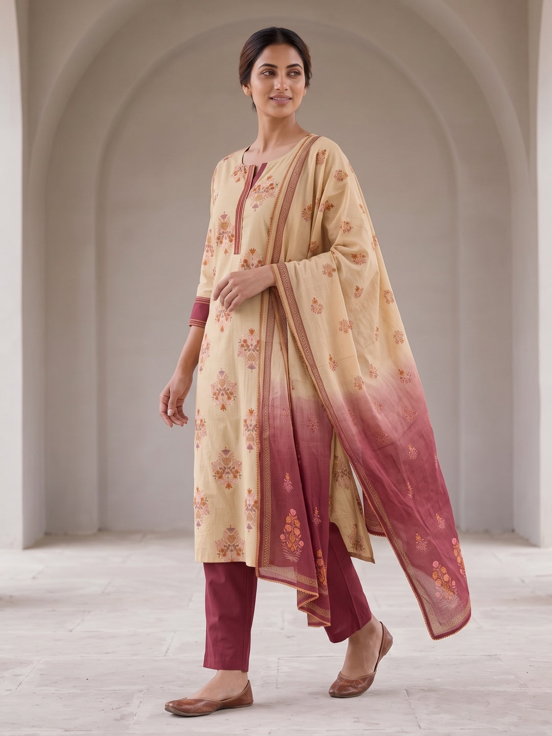 Peachmode Beige Pure Cotton Floral Printed Salwar Suit Set - Image 1