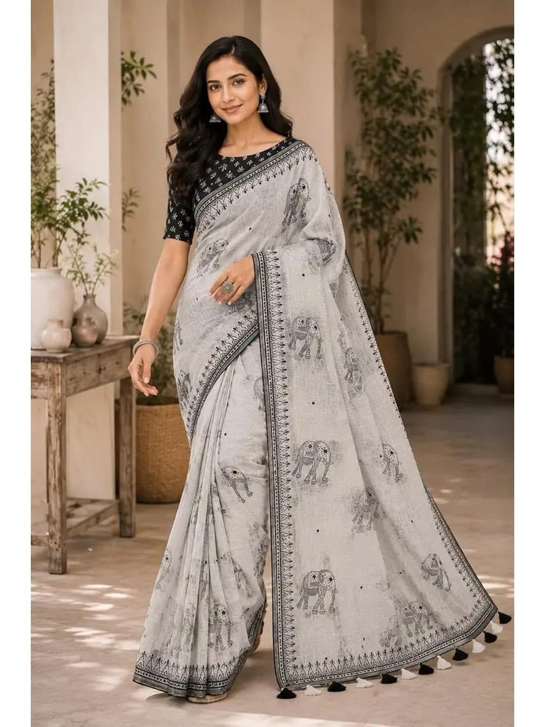 Peachmode Offwhite Elephant Printed Linen Blend Saree - Image 1