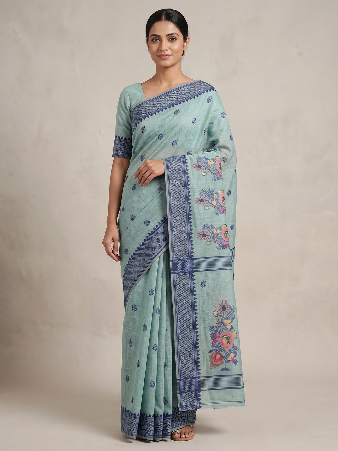 Peachmode Sea Green Jamdani Cotton Woven Saree - Image 1