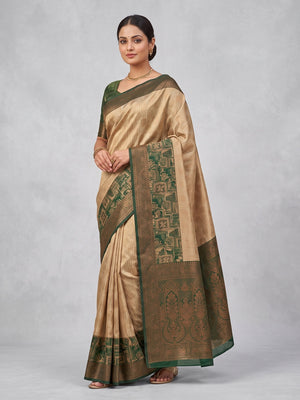 Peachmode Beige Kanjivaram Silk Woven Saree - Image 1