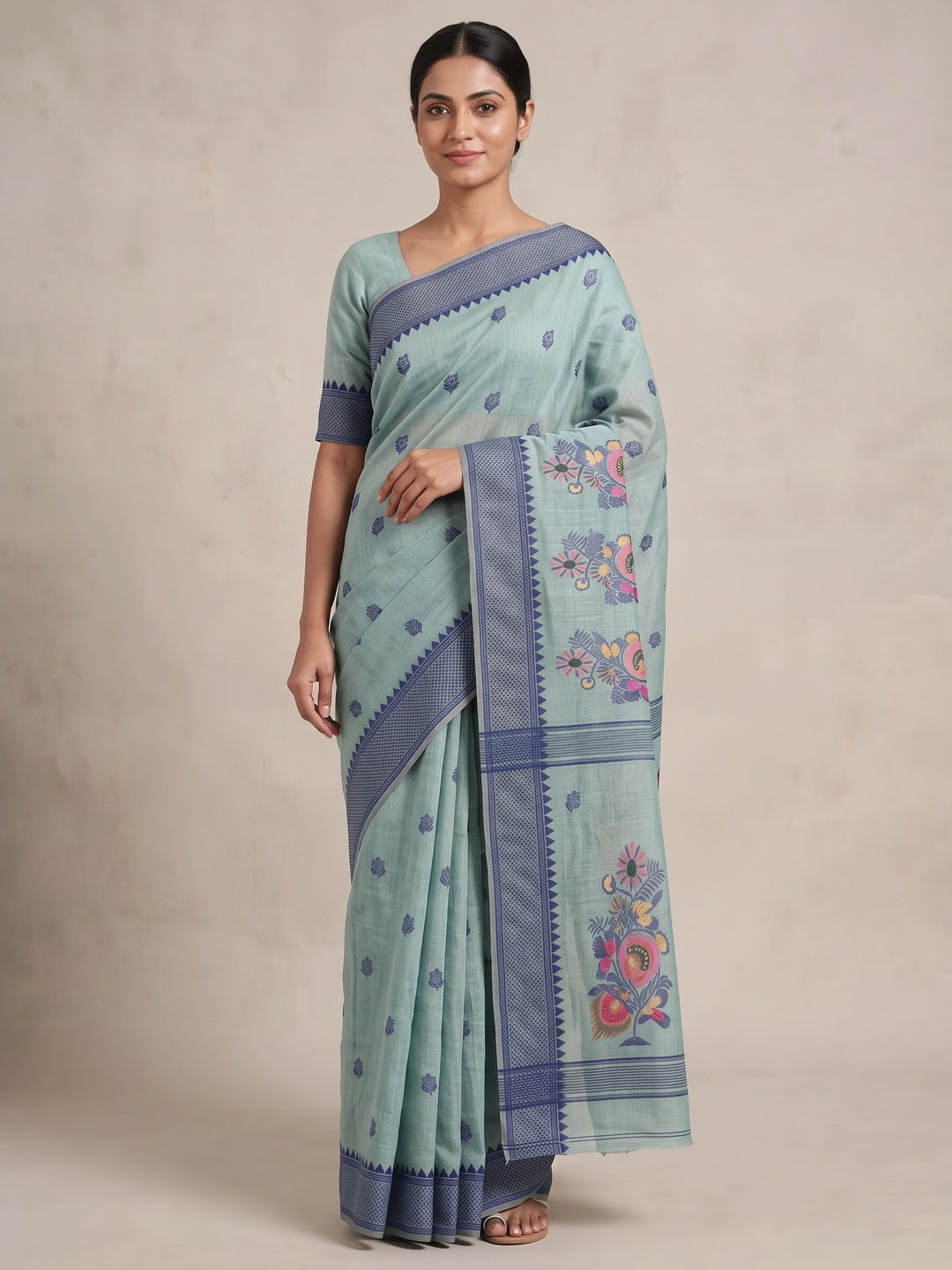 Peachmode Sea Green Jamdani Cotton Woven Saree - Image 2