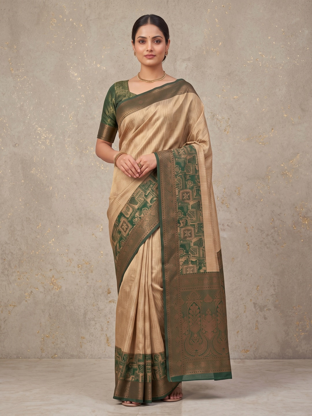 Peachmode Beige Kanjivaram Silk Woven Saree - Image 2