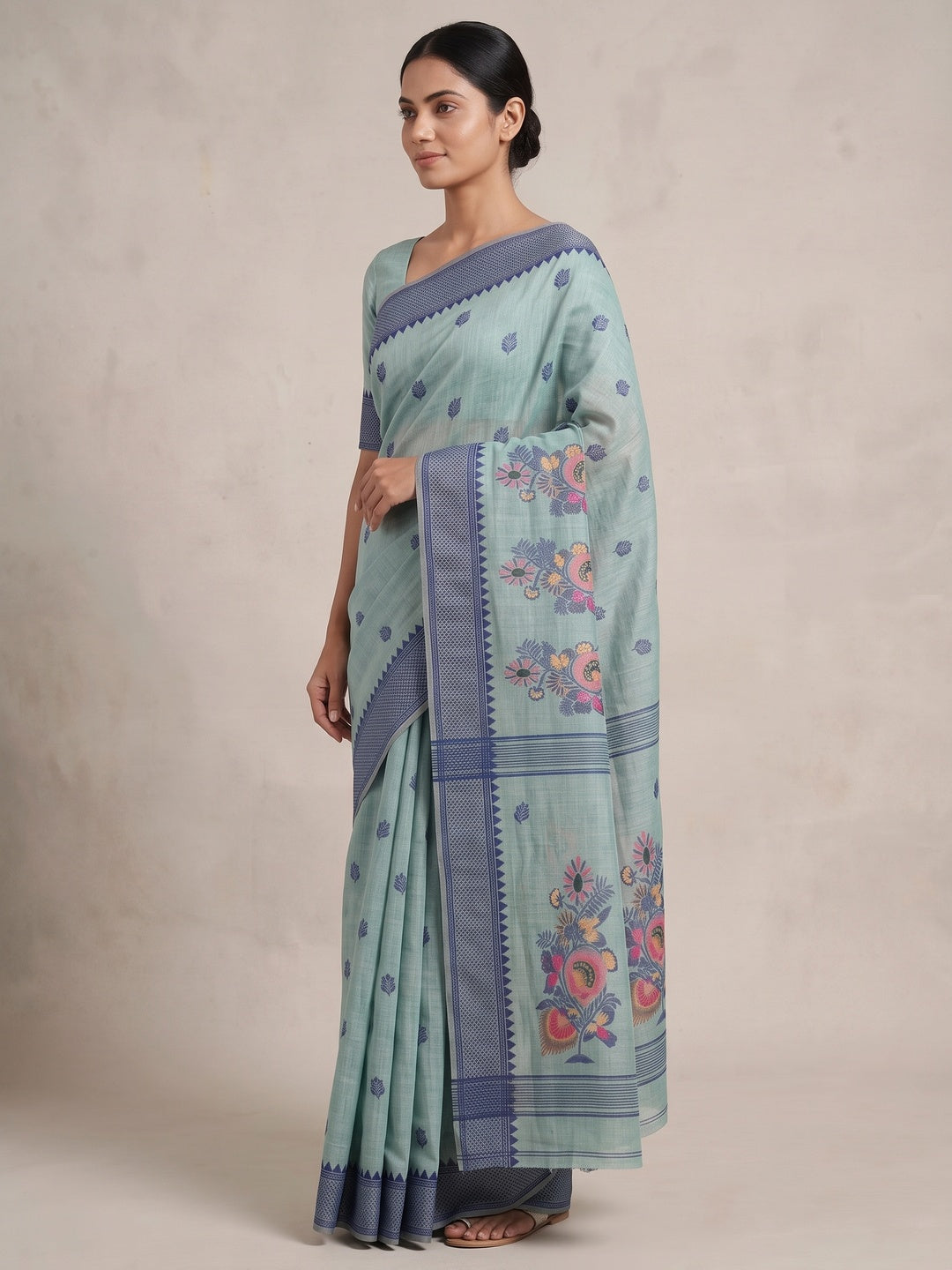 Peachmode Sea Green Jamdani Cotton Woven Saree - Image 3