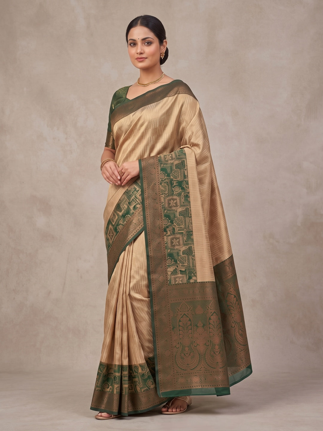 Peachmode Beige Kanjivaram Silk Woven Saree - Image 3
