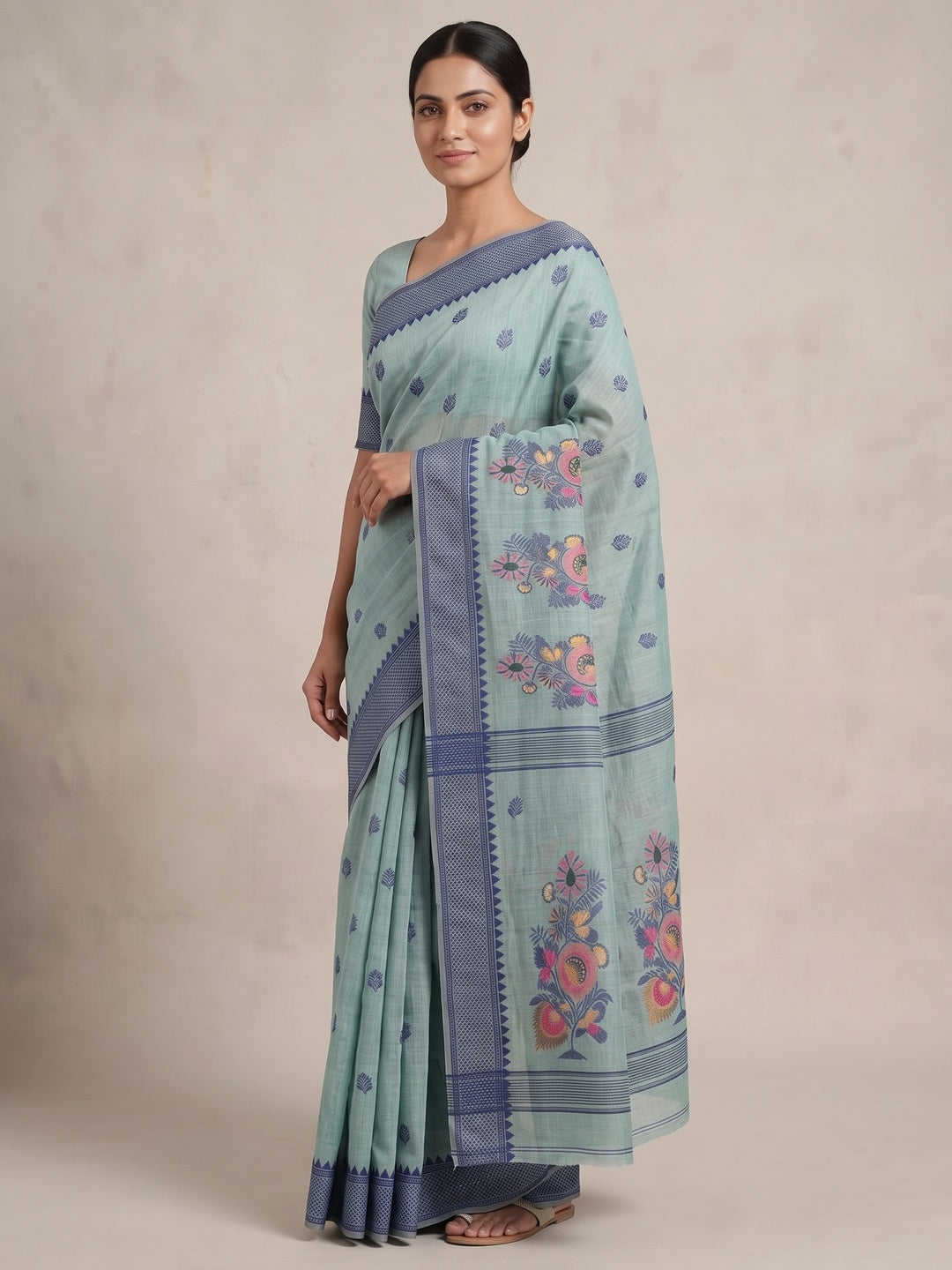 Peachmode Sea Green Jamdani Cotton Woven Saree - Image 4