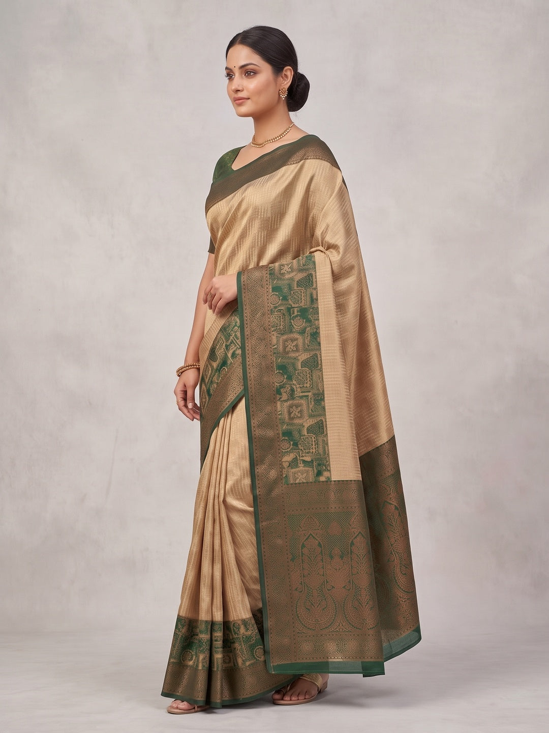Peachmode Beige Kanjivaram Silk Woven Saree - Image 4