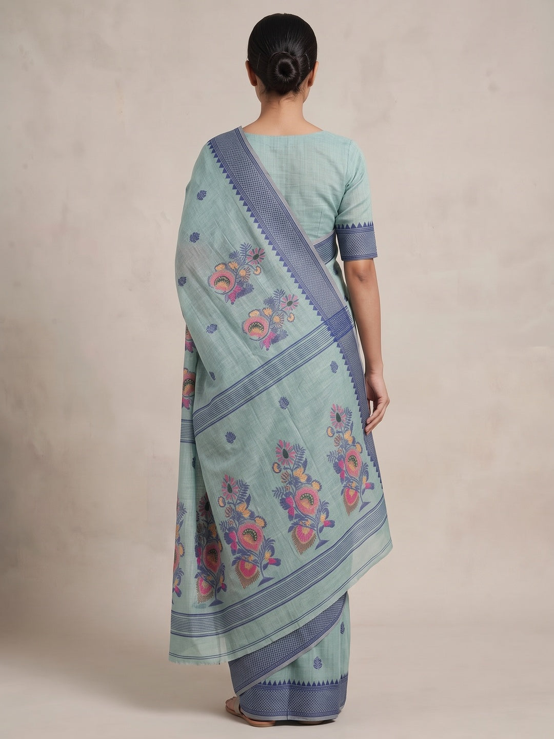 Peachmode Sea Green Jamdani Cotton Woven Saree - Image 5