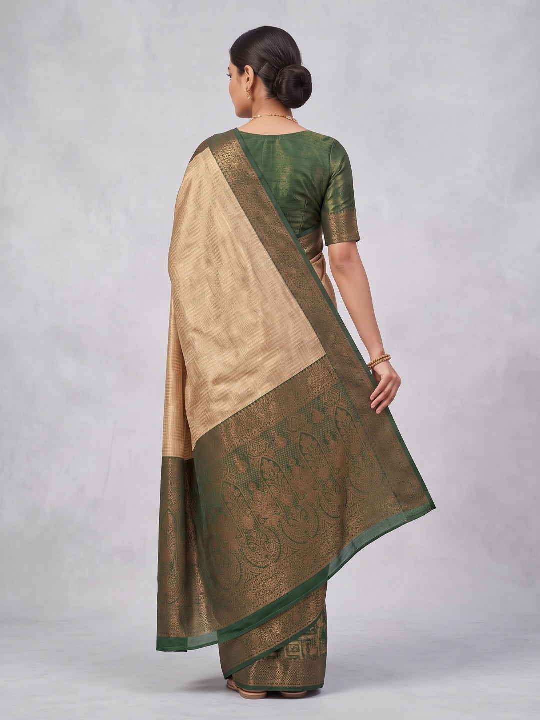 Peachmode Beige Kanjivaram Silk Woven Saree - Image 5