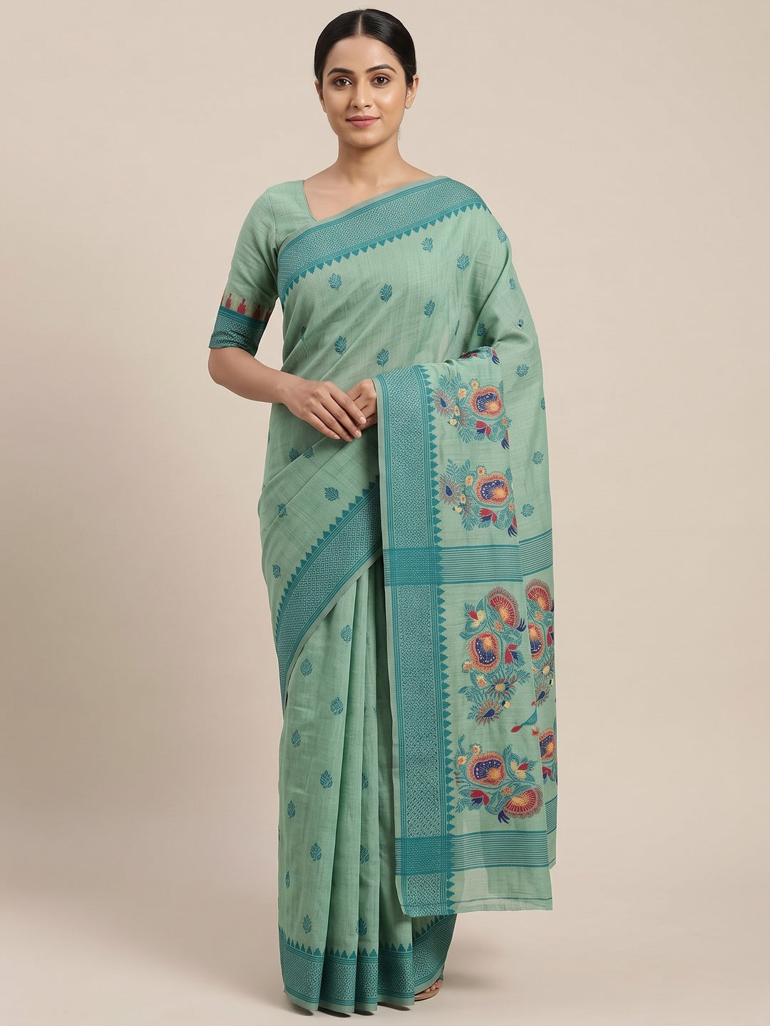 Peachmode Green Jamdani Cotton Woven Saree - Image 1