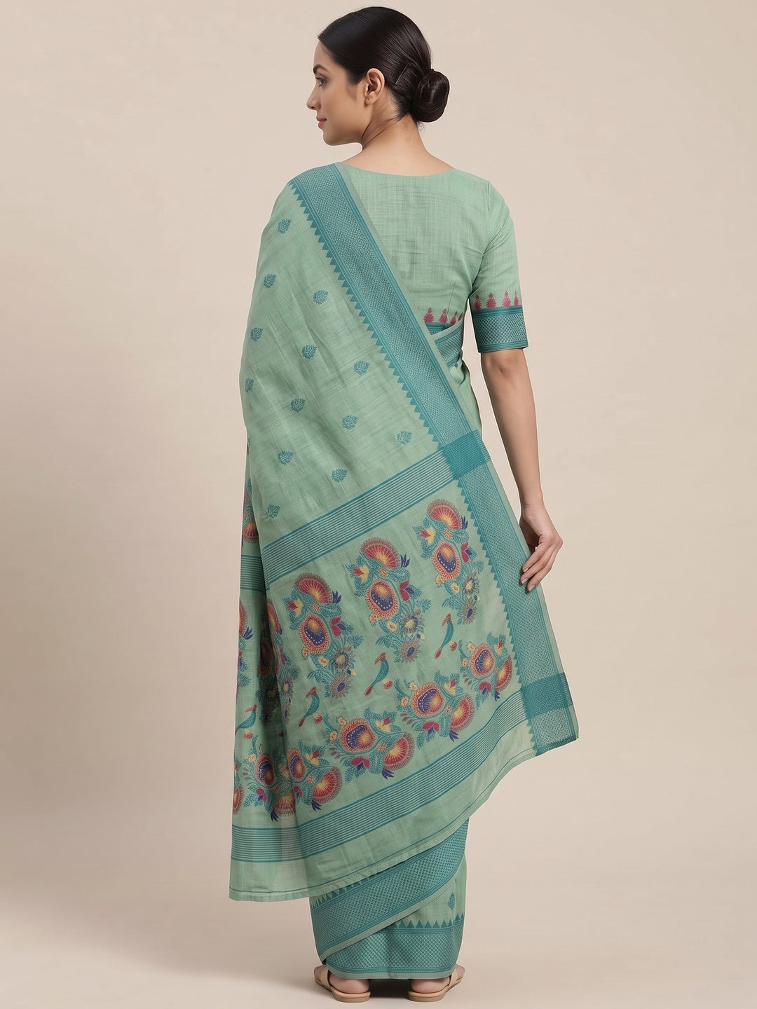 Peachmode Green Jamdani Cotton Woven Saree - Image 5