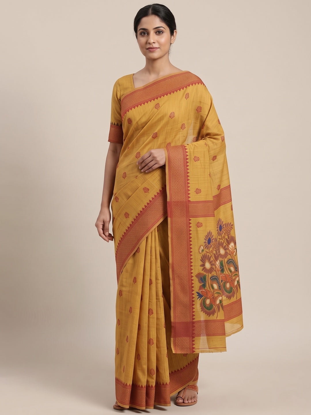 Peachmode Mustard Jamdani Cotton Woven Saree - Image 2