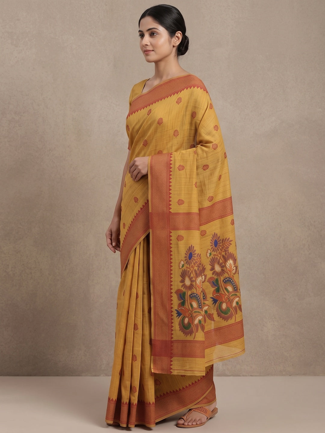 Peachmode Mustard Jamdani Cotton Woven Saree - Image 3