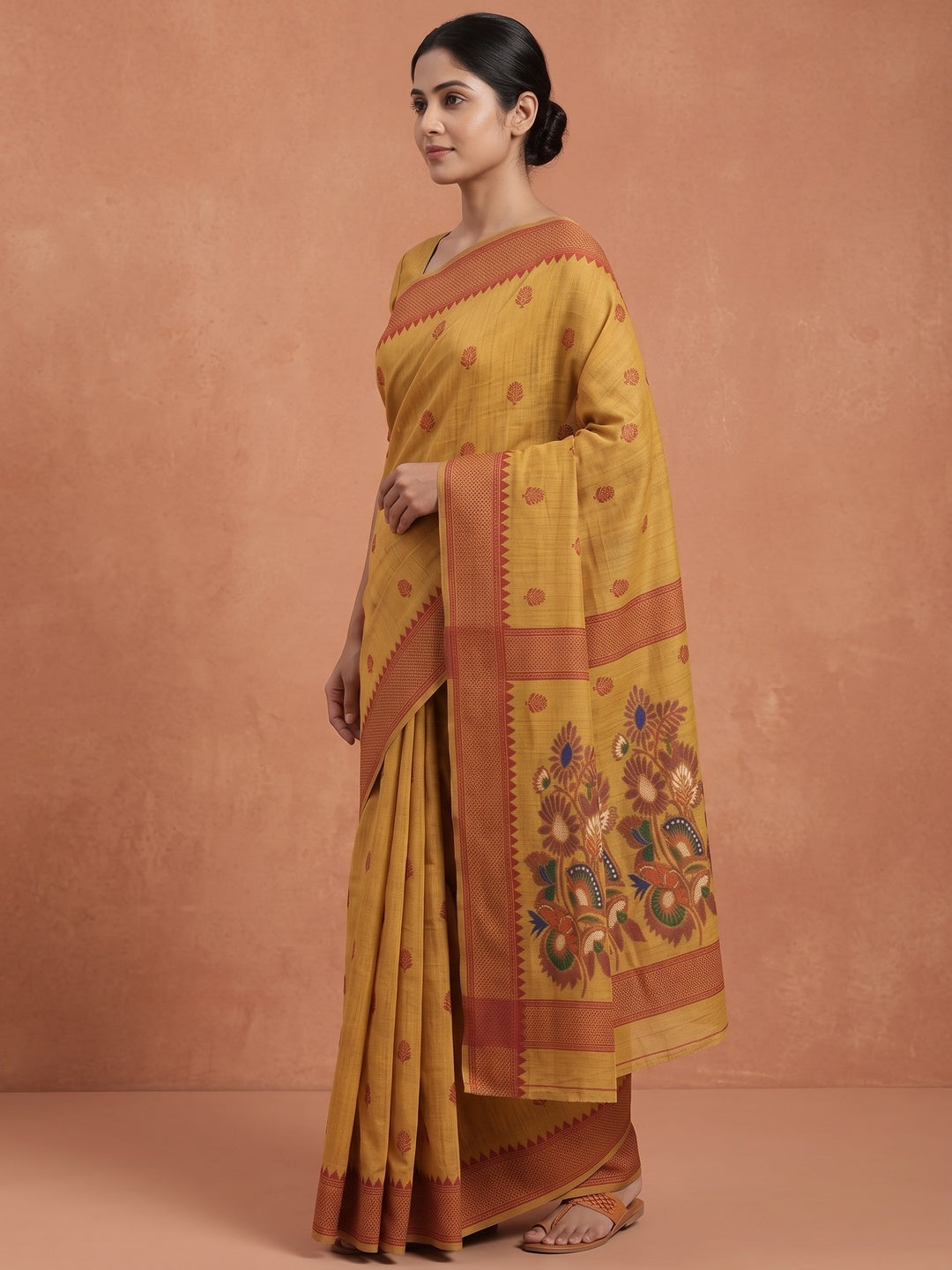 Peachmode Mustard Jamdani Cotton Woven Saree - Image 4
