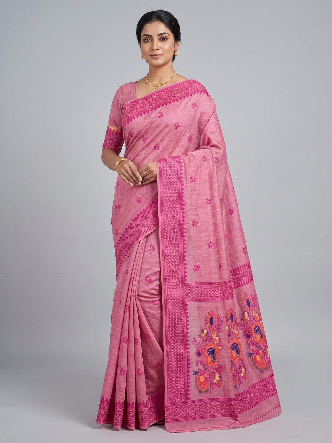 Peachmode Pink Jamdani Cotton Woven Saree - Image 1