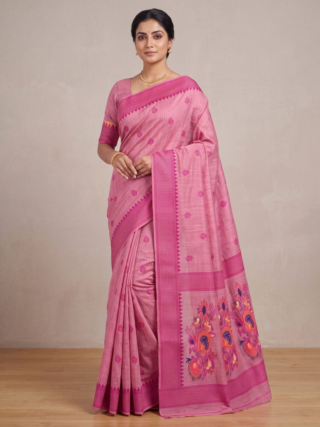 Peachmode Pink Jamdani Cotton Woven Saree - Image 2