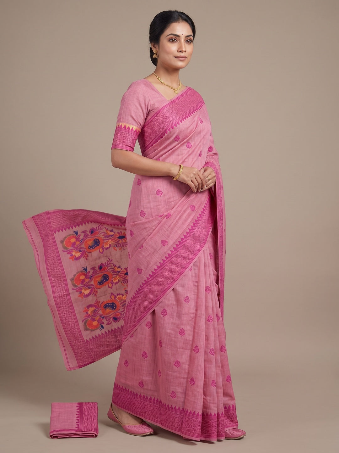 Peachmode Pink Jamdani Cotton Woven Saree - Image 3