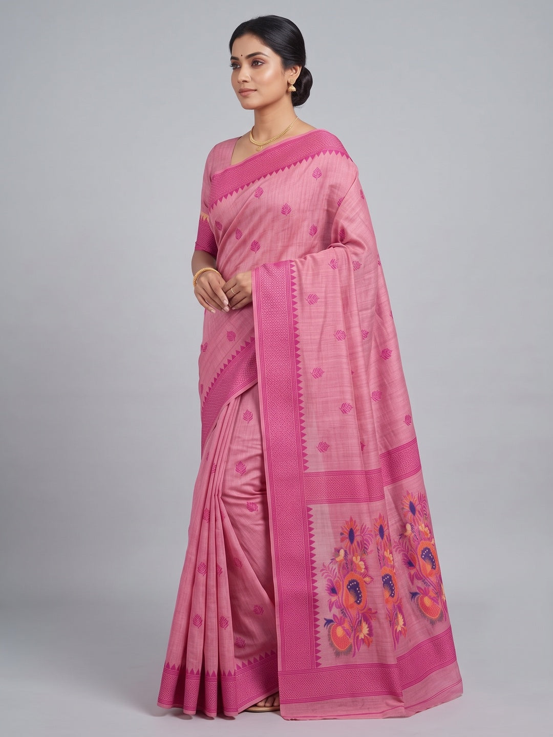 Peachmode Pink Jamdani Cotton Woven Saree - Image 4